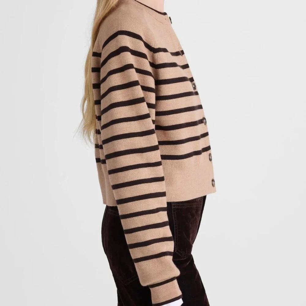 Madewell Raglan-Sleeve Cropped Cardigan in Merino Wool Hthr Camel Stripe Large - Picture 2 of 4